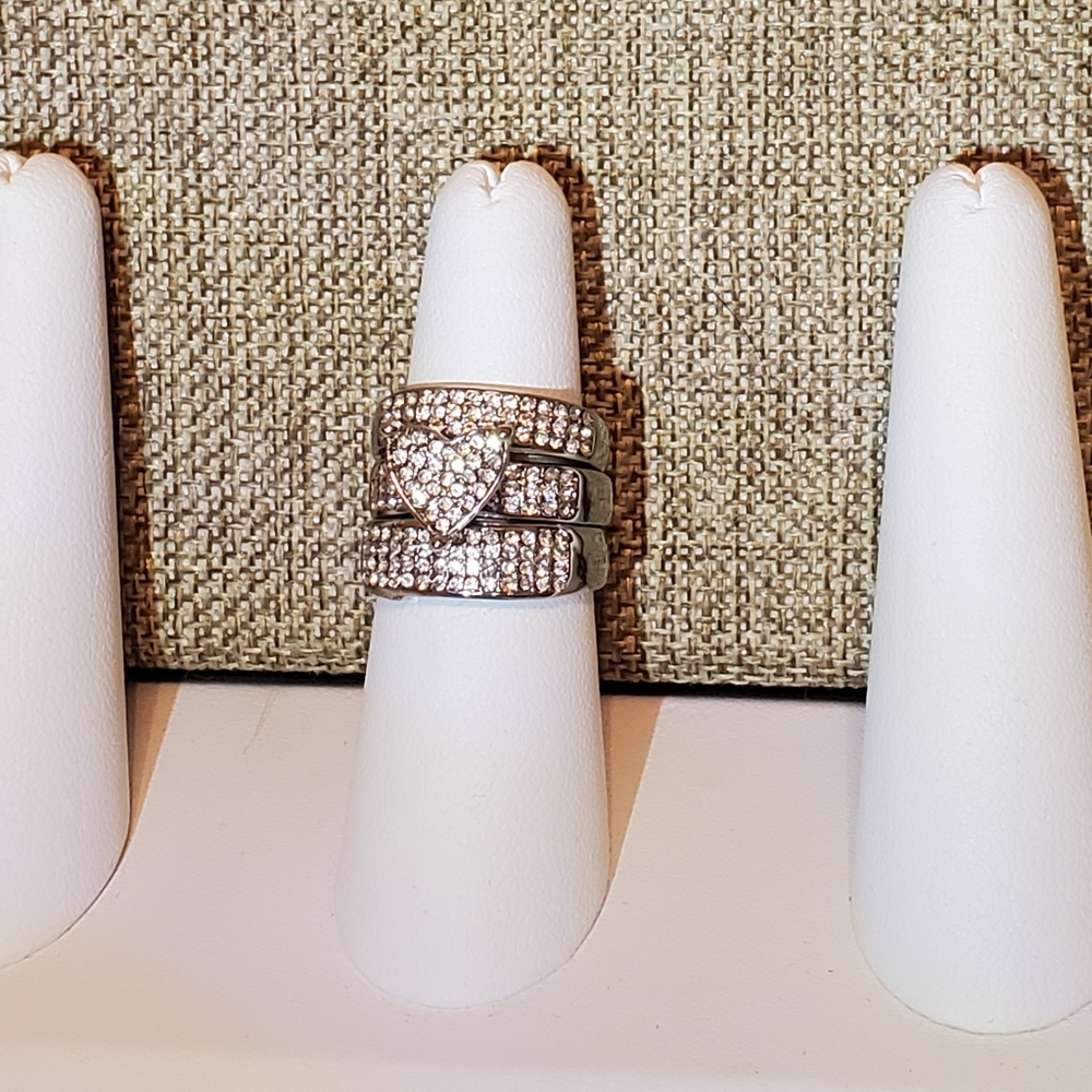 Stackable Silver Rhinestone Heart Trio Ring Set - Picture 13 of 16